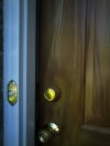 Left side panel of woodgrained metal single entrance door