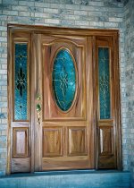 Close up view of fiberglass door with side panels
