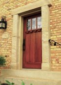 Red mahogany woodgrained door from right side.