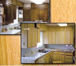 Before and after picture of dark cabinets woodgrained to a lighter color
