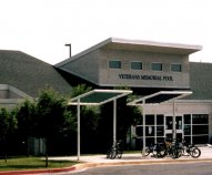 This is a side view of the Veterans Memorial Swimming Pool in Pleasant Grove, Utah