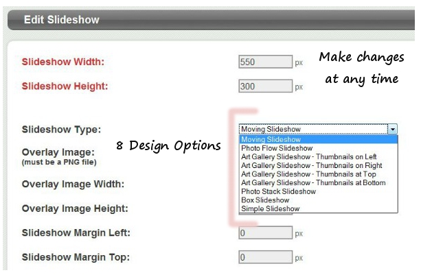 Choose from 8 designs when creating a slideshow.