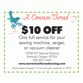 Save $10 on sewing machine, serger or vacuum cleaner service and repair at A Common Thread, Portland, Oregon