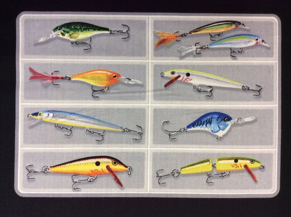 Rapala Heddon Go Fish Fishing Lures Panel Cotton Fabric Quilt Fabric QT23