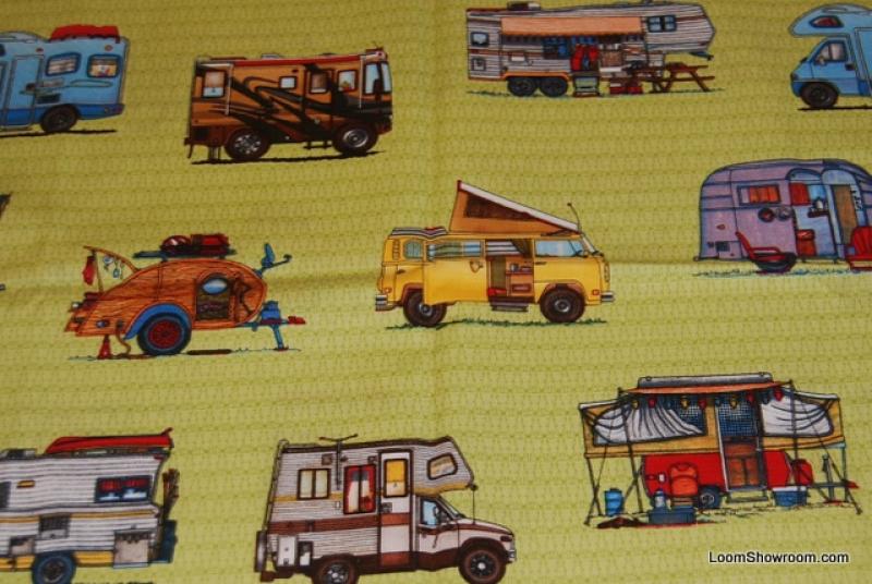Camper RV Motor Home Retro Happy Camper Lime Cotton Fabric Quilt Fabric RPC227 Half Yard Remnant