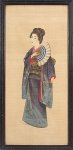 Japanese Geisha Original Painting on Silk Framed in Ebonized Gilt Frame