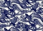 Katagami Asia Asian Blue Koi Fish Wave Wood Cut Japan Oriental Indigo Cotton Fabric Quilt Fabric T333