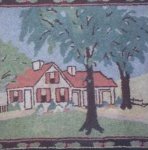 HOUSE IN TREE-FILLED LANDSCAPE ANTIQUE HOOKED RUG, BORDERED