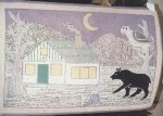 BEAR OUTSIDE A HOUSE ANTIQUE HOOKED RUG