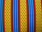 Blue, red, yellow, strips with orange dots