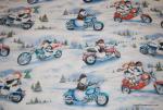 R245 Crazy Motorcycle Christmas Biker Snowpeople Snowmen on Bikes Snow background Cotton fabric Quilt fabric