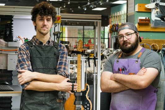 Ian Pender Gabe Fischer with Plek Station at Five Star Guitars