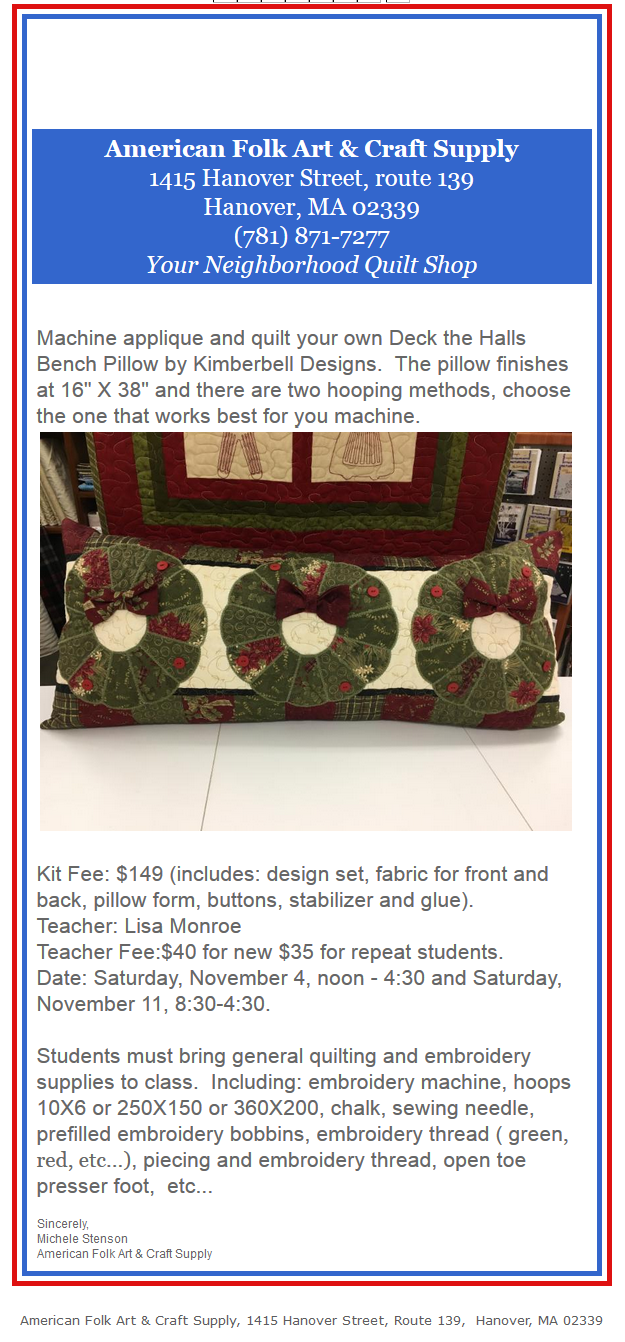 Quilting, sewing and rug braiding classes West Hanover, MA