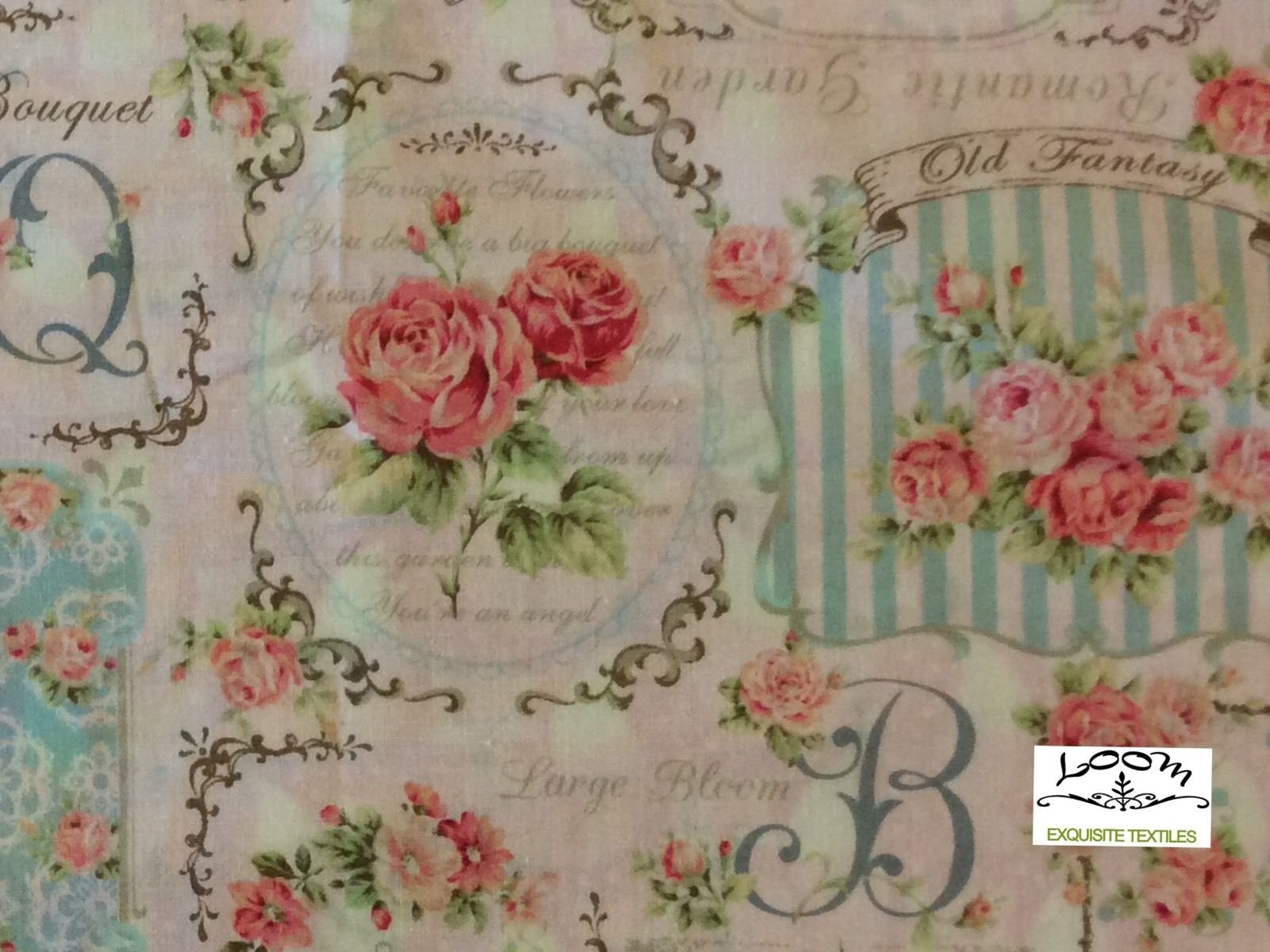 French Garden Rose Bouquet Script Japan Floral Cotton Quilting Fabric NT07