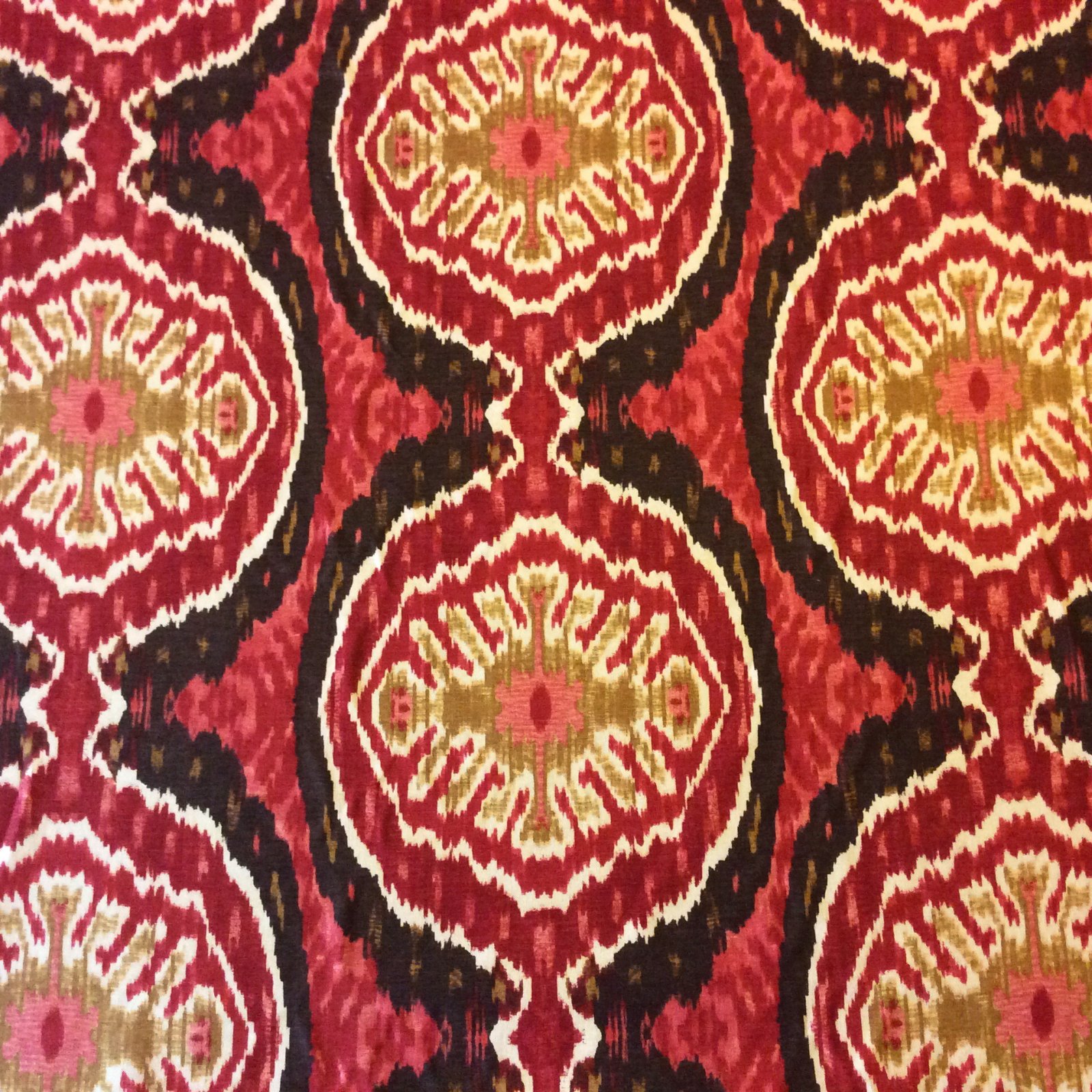 NL222 Brown & Red Medallion Ikat Geo Drapery Cotton Linen Home Decor Fabric