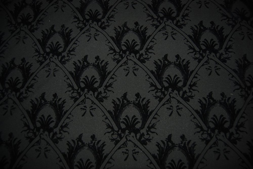 Flocked Bones Skull and Cross Bone Goth Damask Italy Taffeta Black