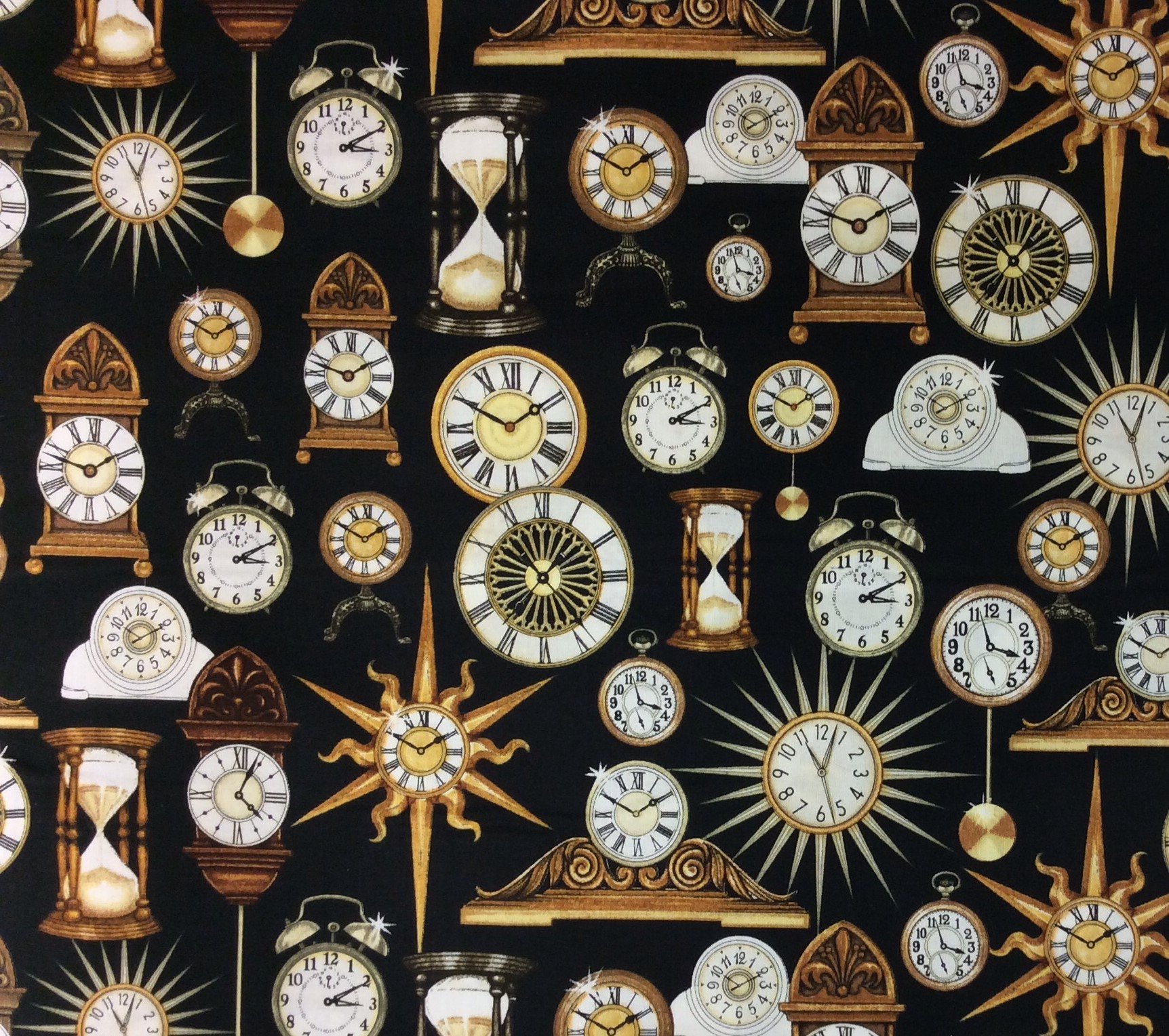 Clocks Time Sundial Grandfather Tick Hourglass Sand Quilting Cotton Fabric QT43