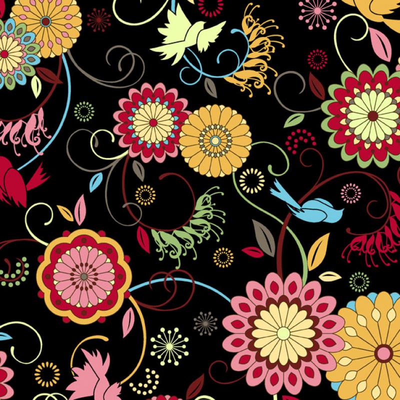 Floragraphix Musings Jason Yenter Colorful Bird and Flower Black